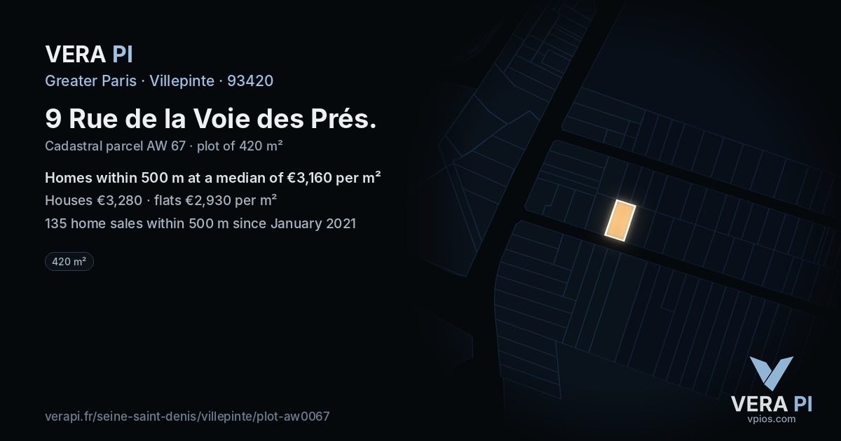 9 Rue de la Voie des Prés, Villepinte at night – the plot lit, the parcels around coloured by the prices near them