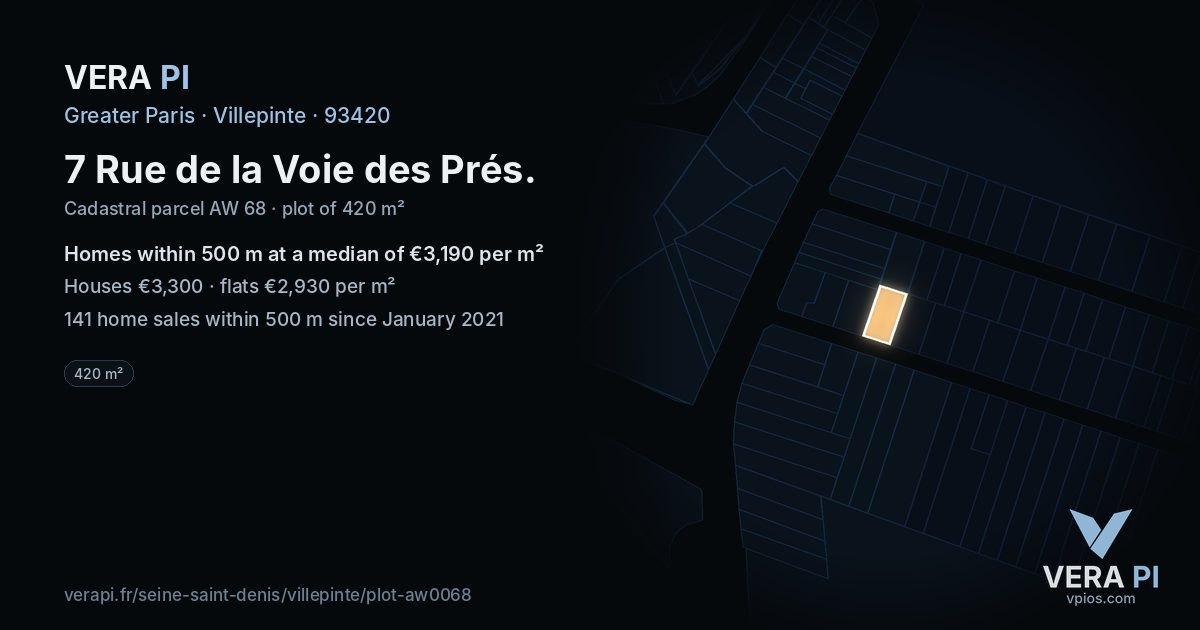 7 Rue de la Voie des Prés, Villepinte at night – the plot lit, the parcels around coloured by the prices near them