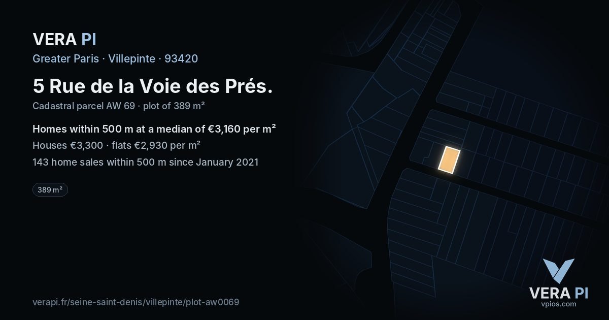5 Rue de la Voie des Prés, Villepinte at night – the plot lit, the parcels around coloured by the prices near them