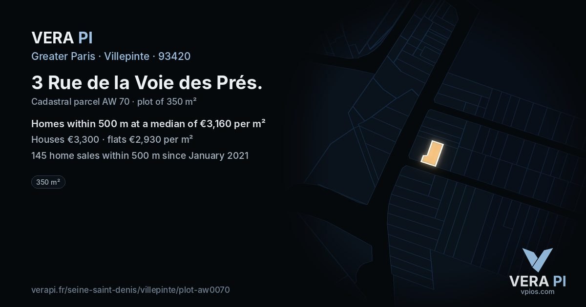 3 Rue de la Voie des Prés, Villepinte at night – the plot lit, the parcels around coloured by the prices near them