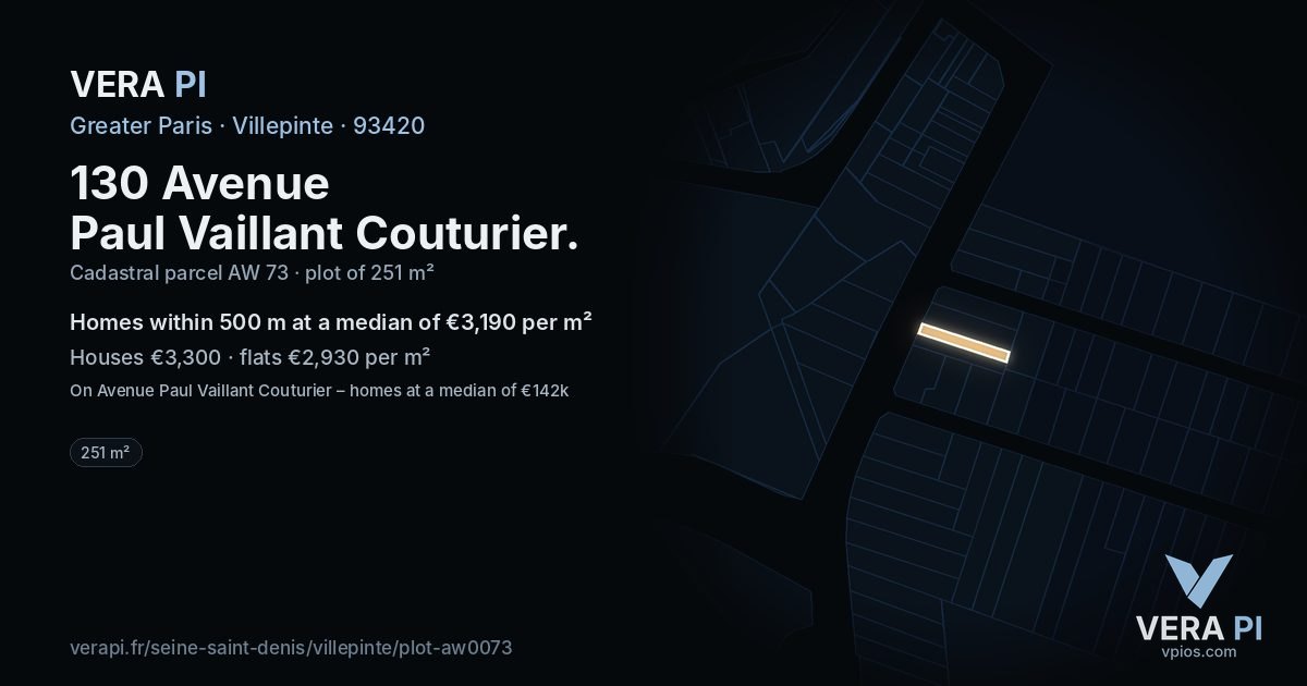 130 Avenue Paul Vaillant Couturier, Villepinte at night – the plot lit, the parcels around coloured by the prices near them
