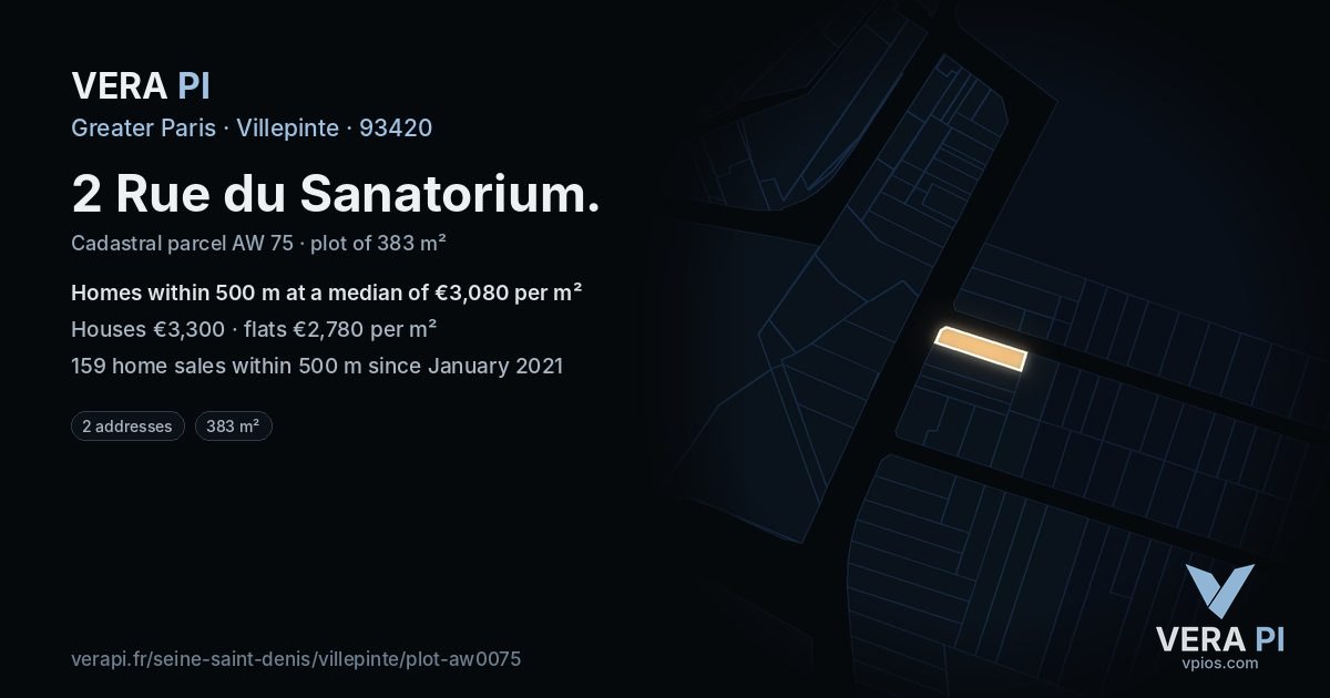 2 Rue du Sanatorium, Villepinte at night – the plot lit, the parcels around coloured by the prices near them
