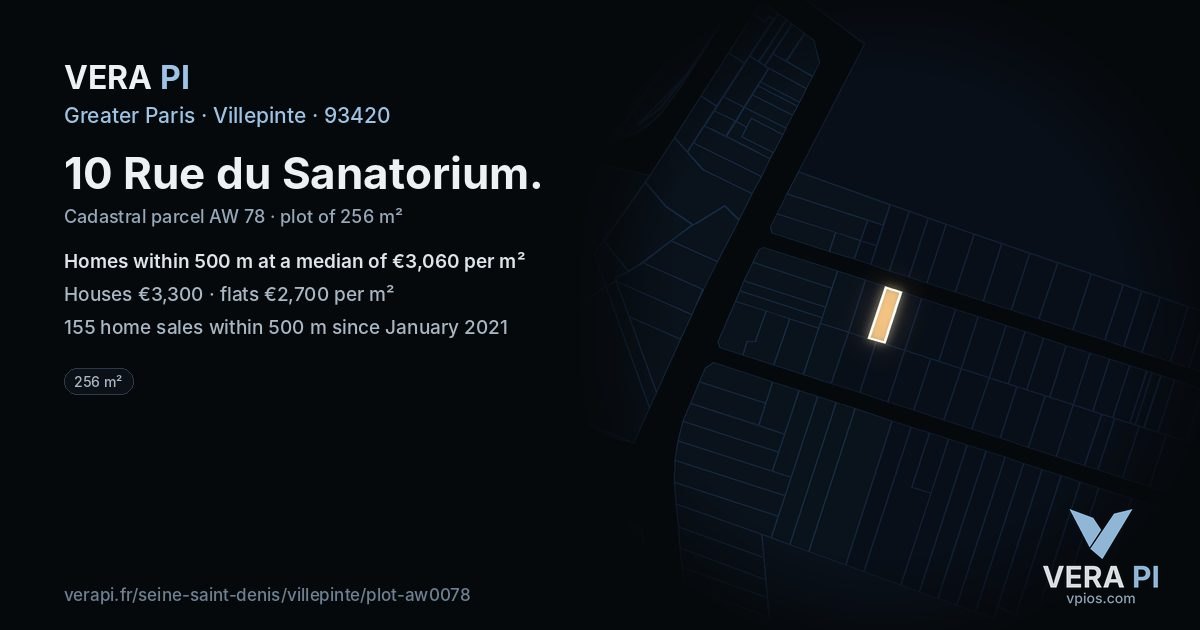 10 Rue du Sanatorium, Villepinte at night – the plot lit, the parcels around coloured by the prices near them