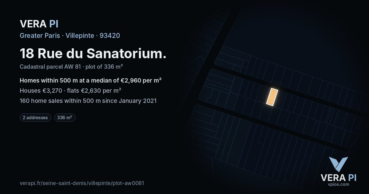 18 Rue du Sanatorium, Villepinte at night – the plot lit, the parcels around coloured by the prices near them