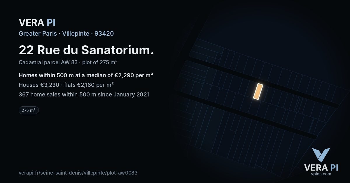 22 Rue du Sanatorium, Villepinte at night – the plot lit, the parcels around coloured by the prices near them