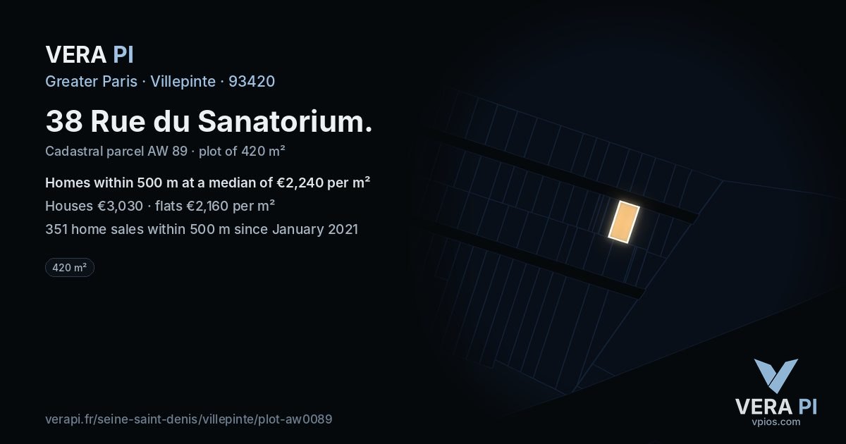 38 Rue du Sanatorium, Villepinte at night – the plot lit, the parcels around coloured by the prices near them