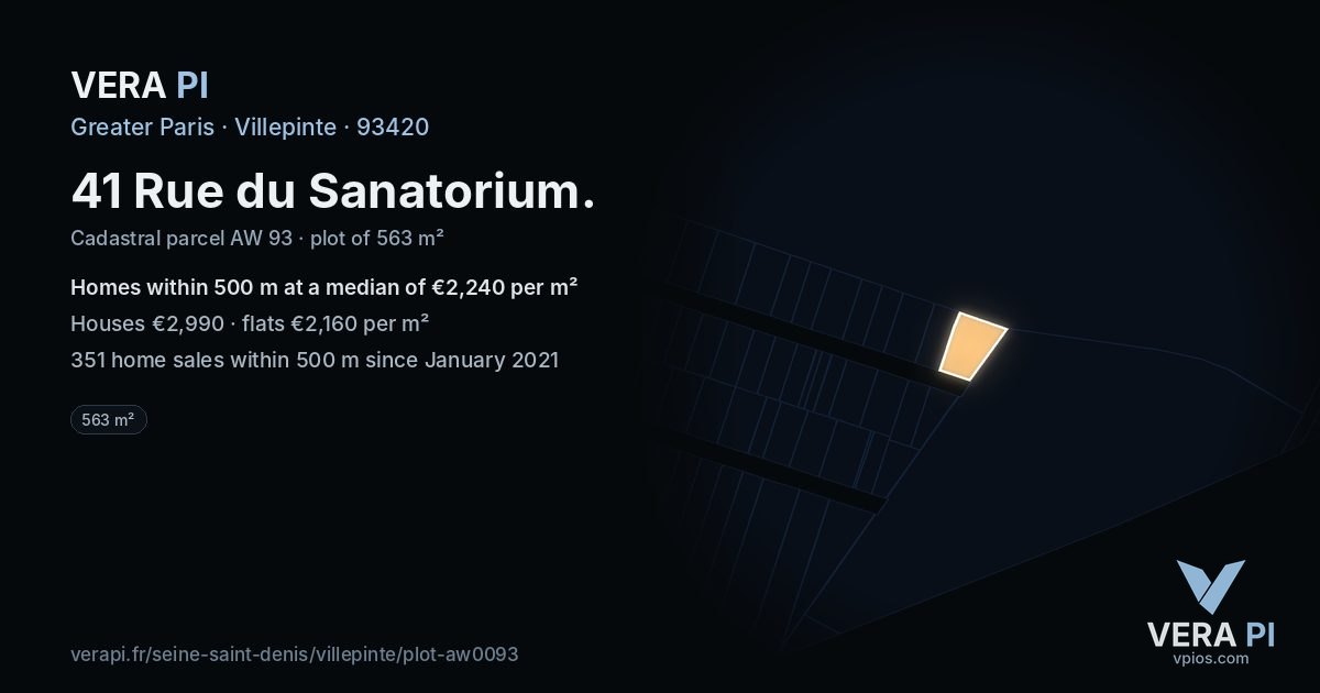 41 Rue du Sanatorium, Villepinte at night – the plot lit, the parcels around coloured by the prices near them