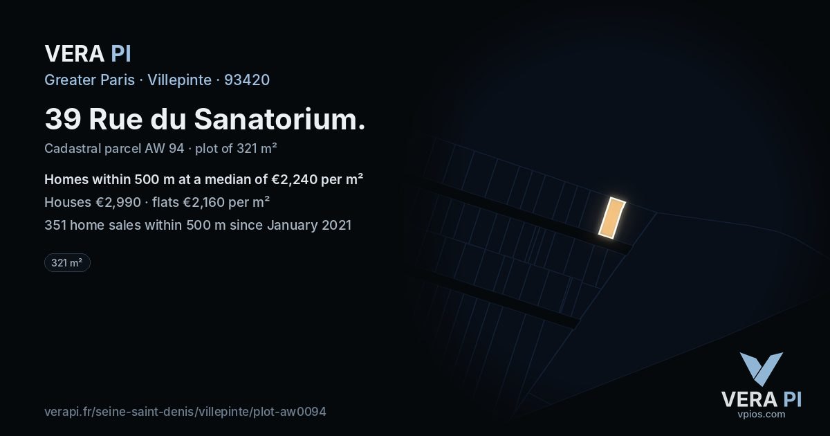 39 Rue du Sanatorium, Villepinte at night – the plot lit, the parcels around coloured by the prices near them