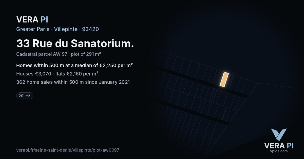 33 Rue du Sanatorium, Villepinte at night – the plot lit, the parcels around coloured by the prices near them