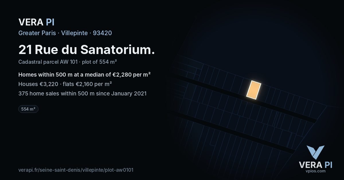 21 Rue du Sanatorium, Villepinte at night – the plot lit, the parcels around coloured by the prices near them