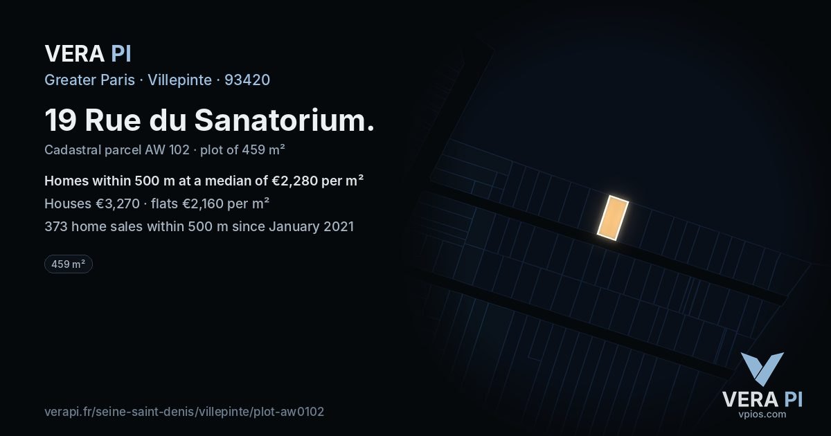 19 Rue du Sanatorium, Villepinte at night – the plot lit, the parcels around coloured by the prices near them