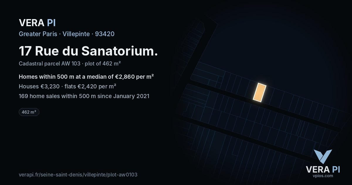 17 Rue du Sanatorium, Villepinte at night – the plot lit, the parcels around coloured by the prices near them