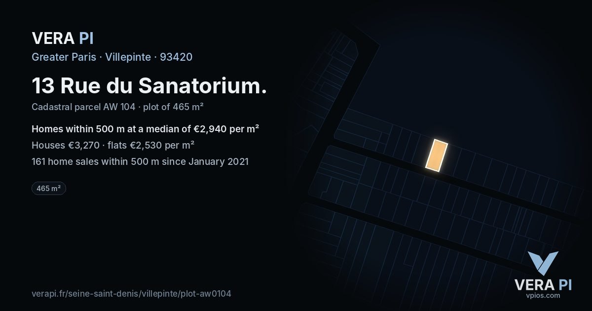 13 Rue du Sanatorium, Villepinte at night – the plot lit, the parcels around coloured by the prices near them