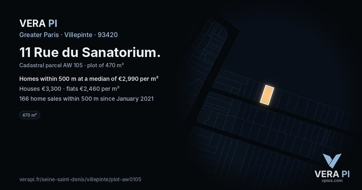 11 Rue du Sanatorium, Villepinte at night – the plot lit, the parcels around coloured by the prices near them