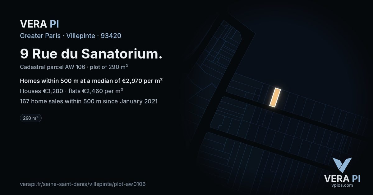 9 Rue du Sanatorium, Villepinte at night – the plot lit, the parcels around coloured by the prices near them