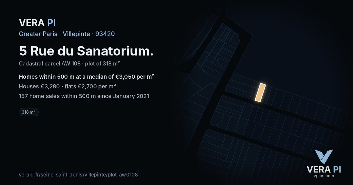5 Rue du Sanatorium, Villepinte at night – the plot lit, the parcels around coloured by the prices near them