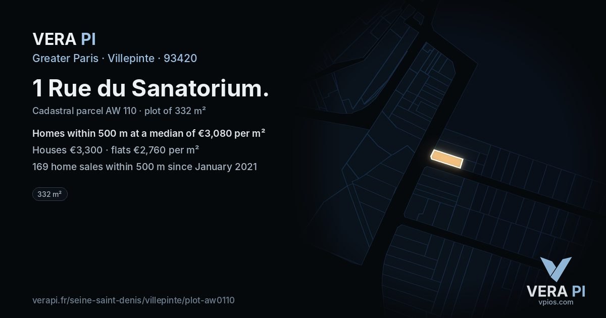 1 Rue du Sanatorium, Villepinte at night – the plot lit, the parcels around coloured by the prices near them