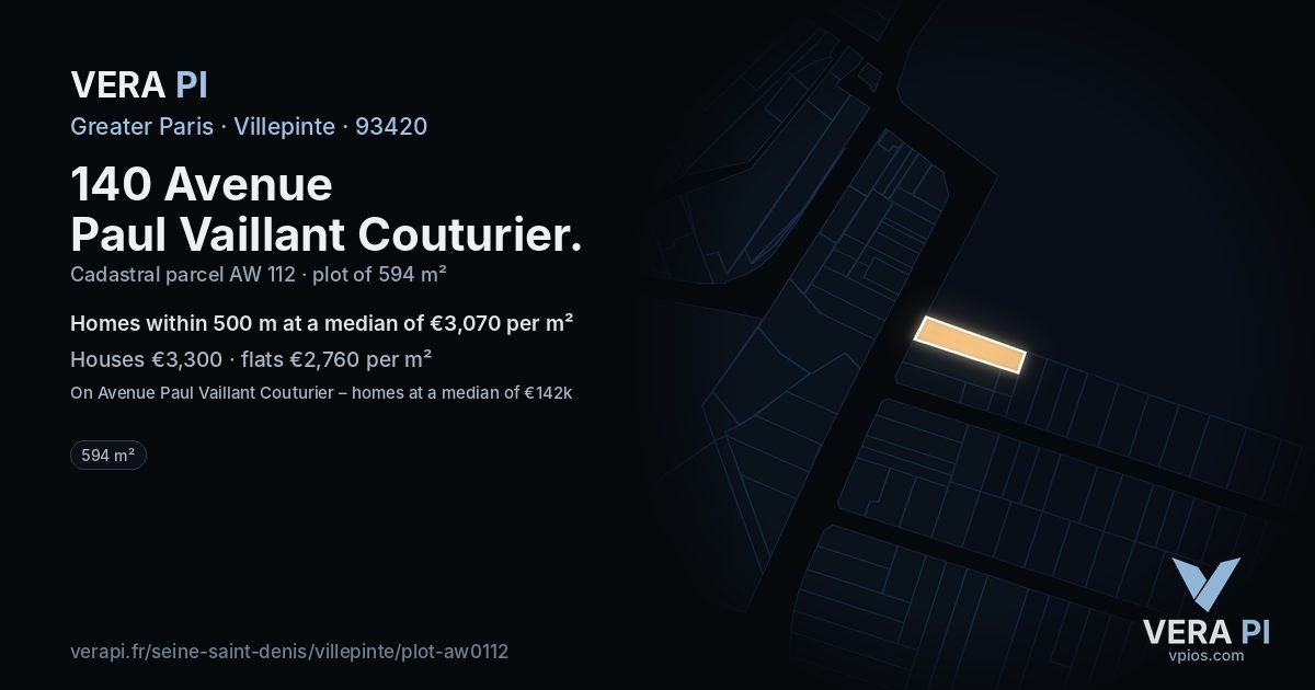 140 Avenue Paul Vaillant Couturier, Villepinte at night – the plot lit, the parcels around coloured by the prices near them