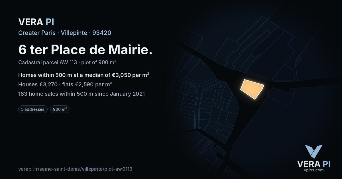6 ter Place de Mairie, Villepinte at night – the plot lit, the parcels around coloured by the prices near them