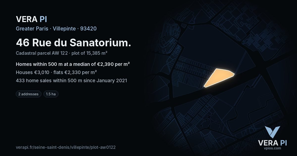 46 Rue du Sanatorium, Villepinte at night – the plot lit, the parcels around coloured by the prices near them