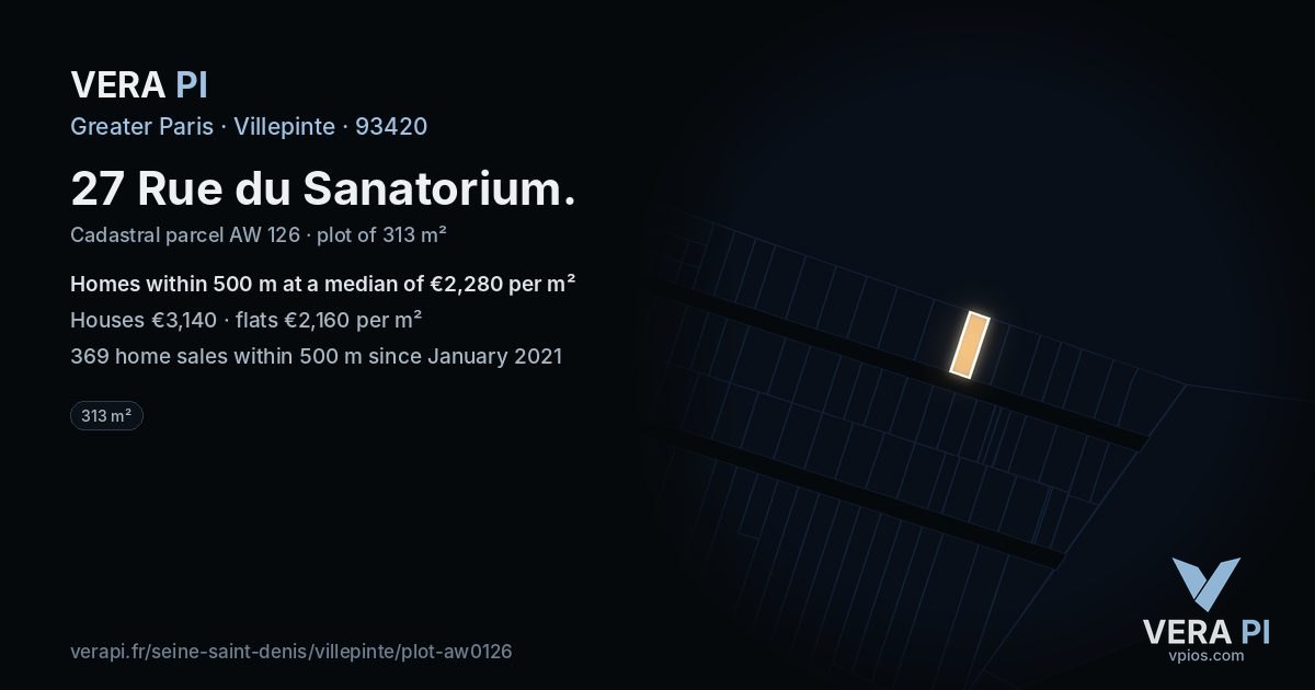 27 Rue du Sanatorium, Villepinte at night – the plot lit, the parcels around coloured by the prices near them