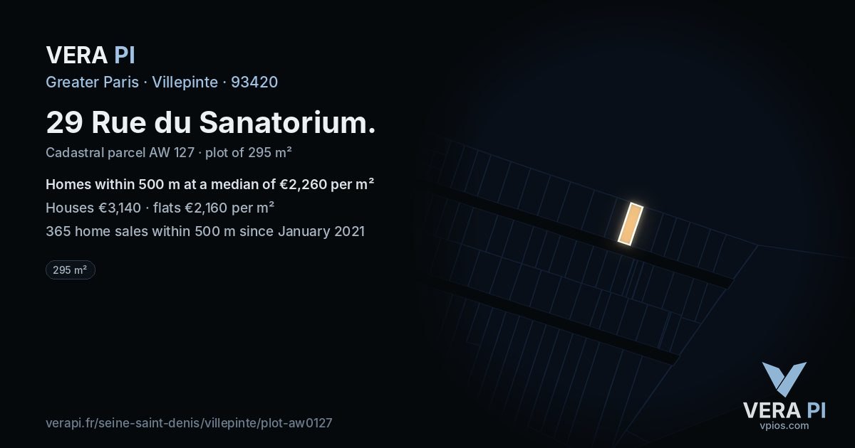 29 Rue du Sanatorium, Villepinte at night – the plot lit, the parcels around coloured by the prices near them