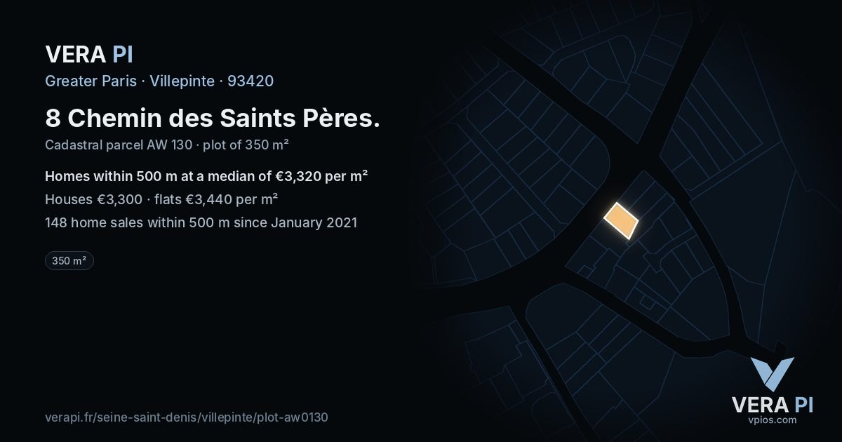 8 Chemin des Saints Pères, Villepinte at night – the plot lit, the parcels around coloured by the prices near them