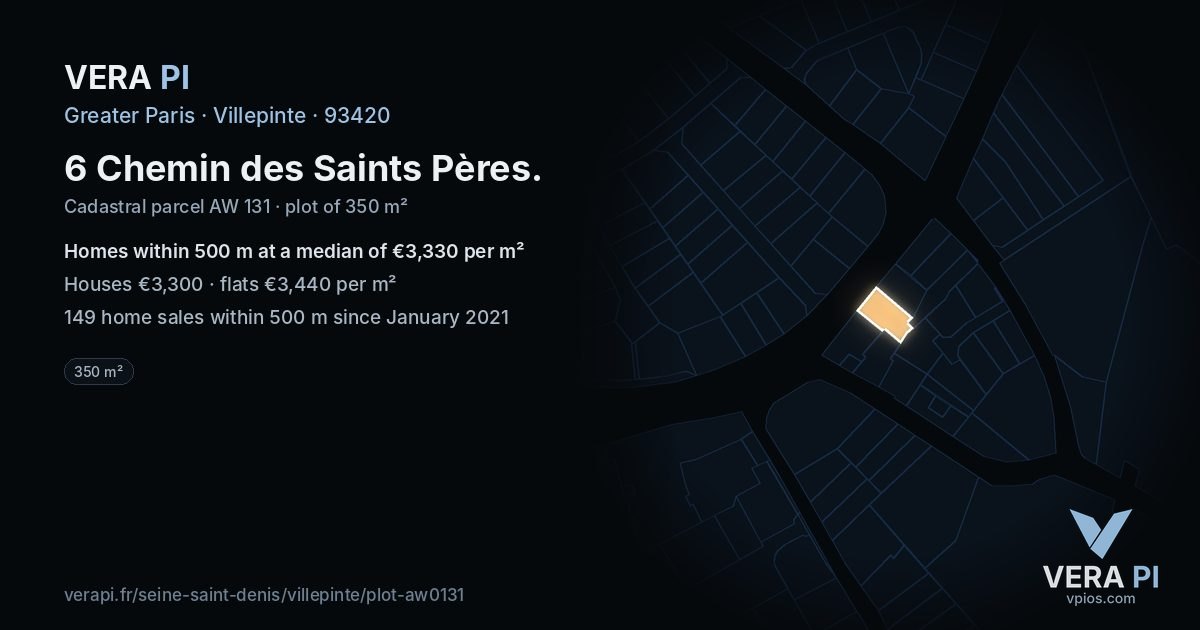 6 Chemin des Saints Pères, Villepinte at night – the plot lit, the parcels around coloured by the prices near them