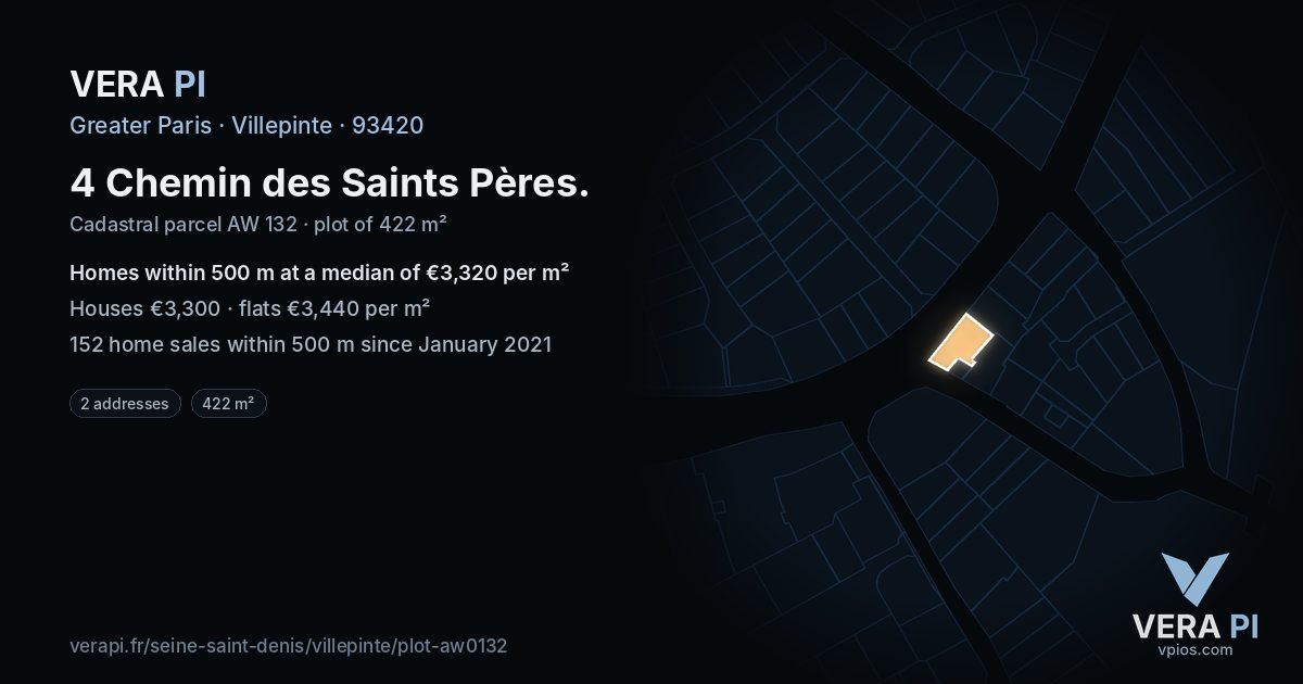4 Chemin des Saints Pères, Villepinte at night – the plot lit, the parcels around coloured by the prices near them