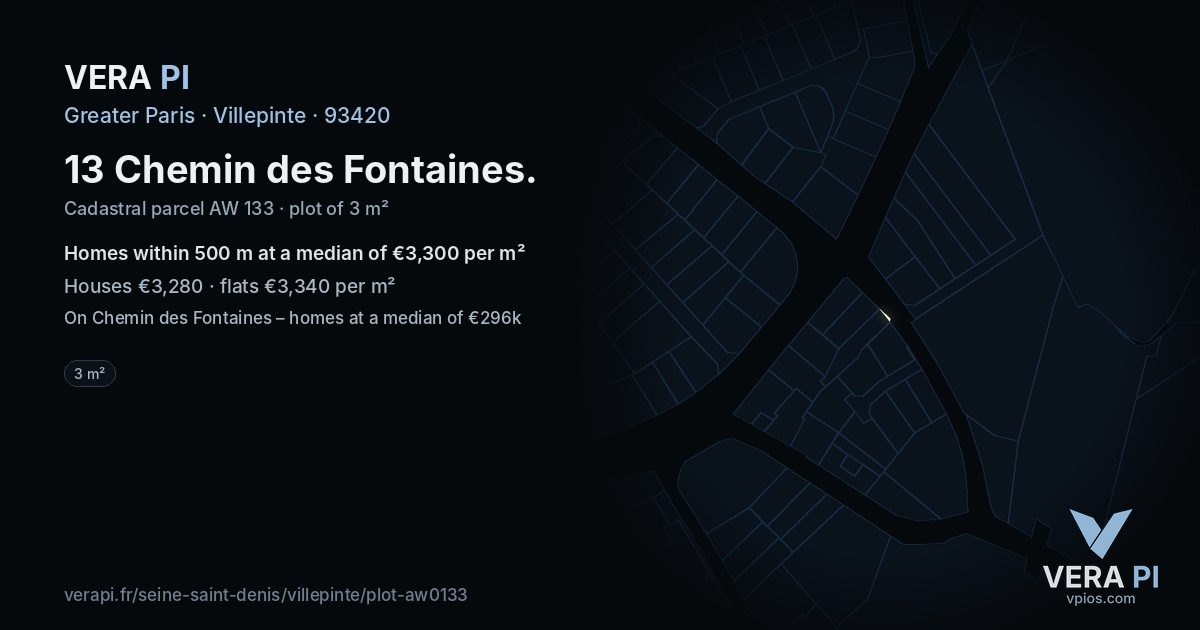 13 Chemin des Fontaines, Villepinte at night – the plot lit, the parcels around coloured by the prices near them