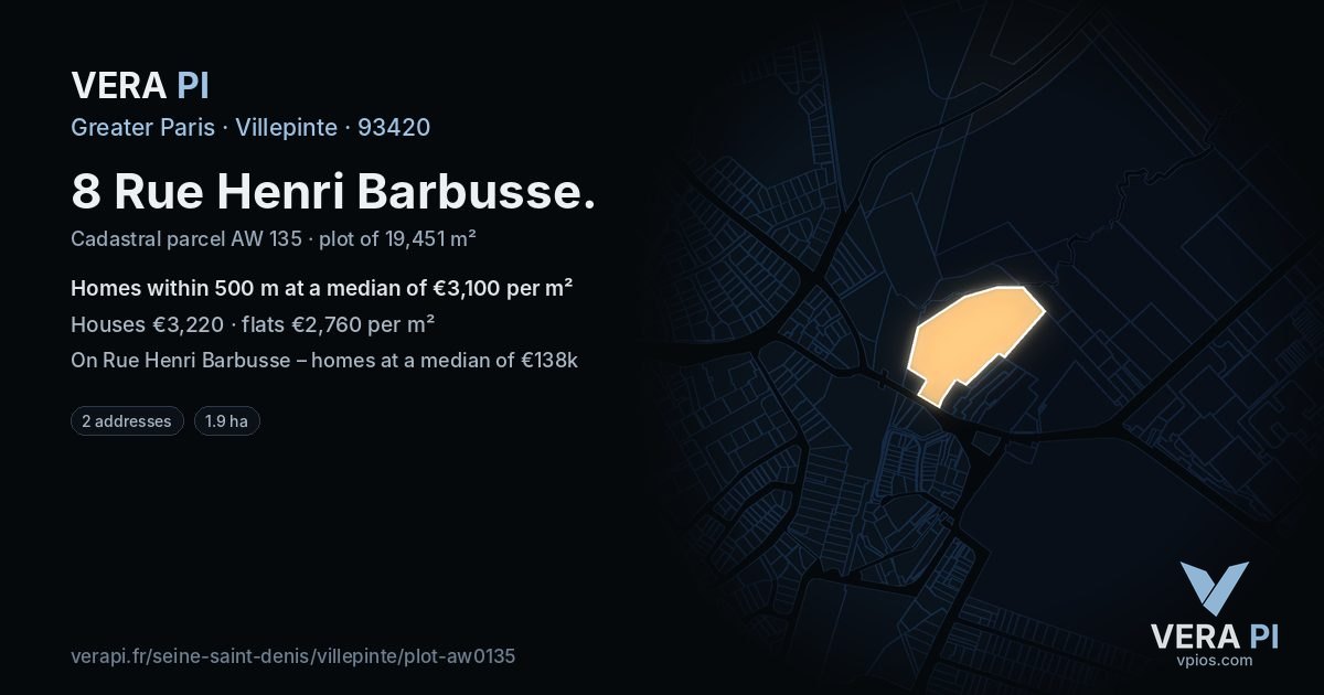 8 Rue Henri Barbusse, Villepinte at night – the plot lit, the parcels around coloured by the prices near them