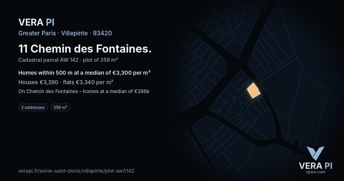11 Chemin des Fontaines, Villepinte at night – the plot lit, the parcels around coloured by the prices near them