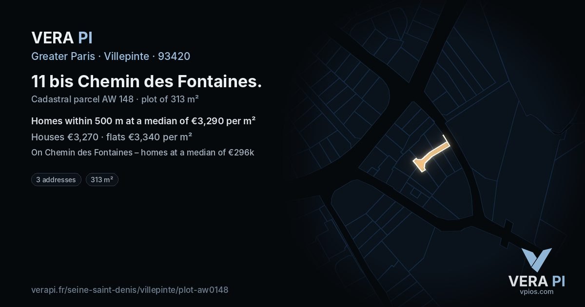11 bis Chemin des Fontaines, Villepinte at night – the plot lit, the parcels around coloured by the prices near them