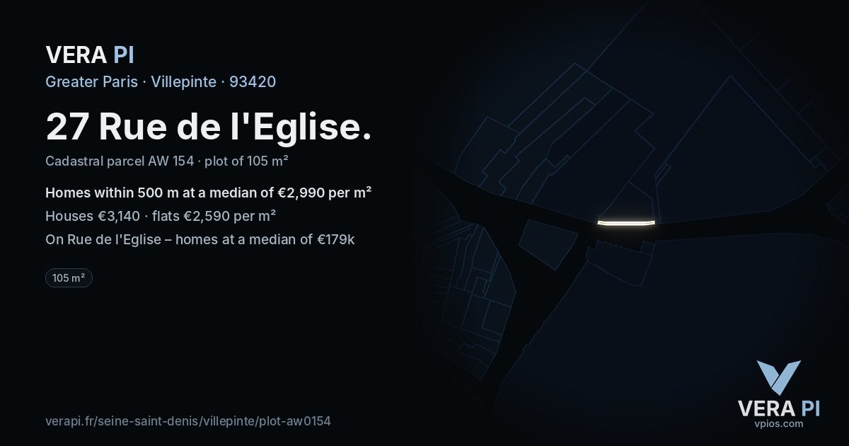 27 Rue de l'Eglise, Villepinte at night – the plot lit, the parcels around coloured by the prices near them