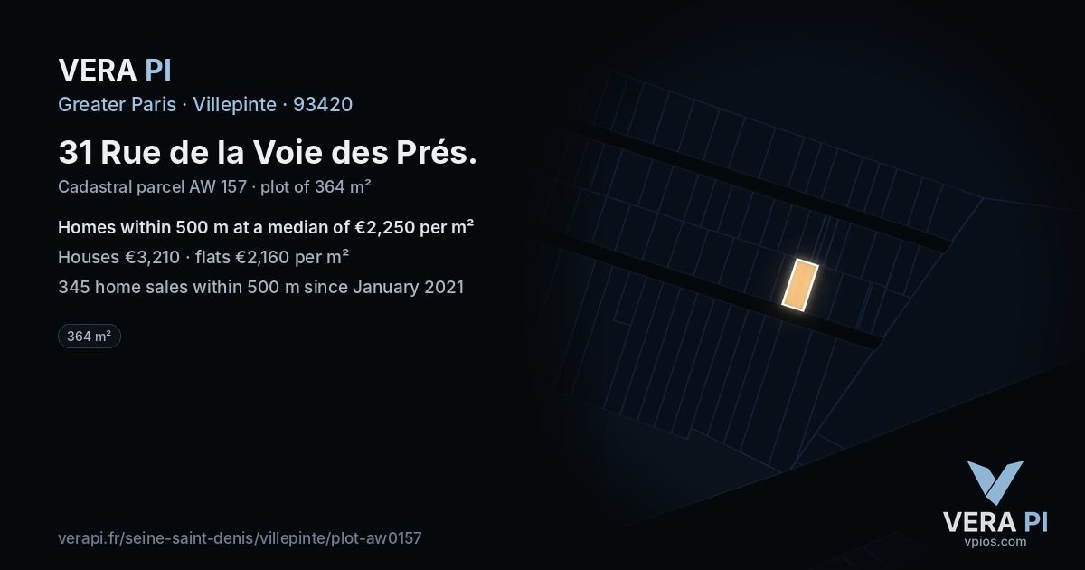 31 Rue de la Voie des Prés, Villepinte at night – the plot lit, the parcels around coloured by the prices near them