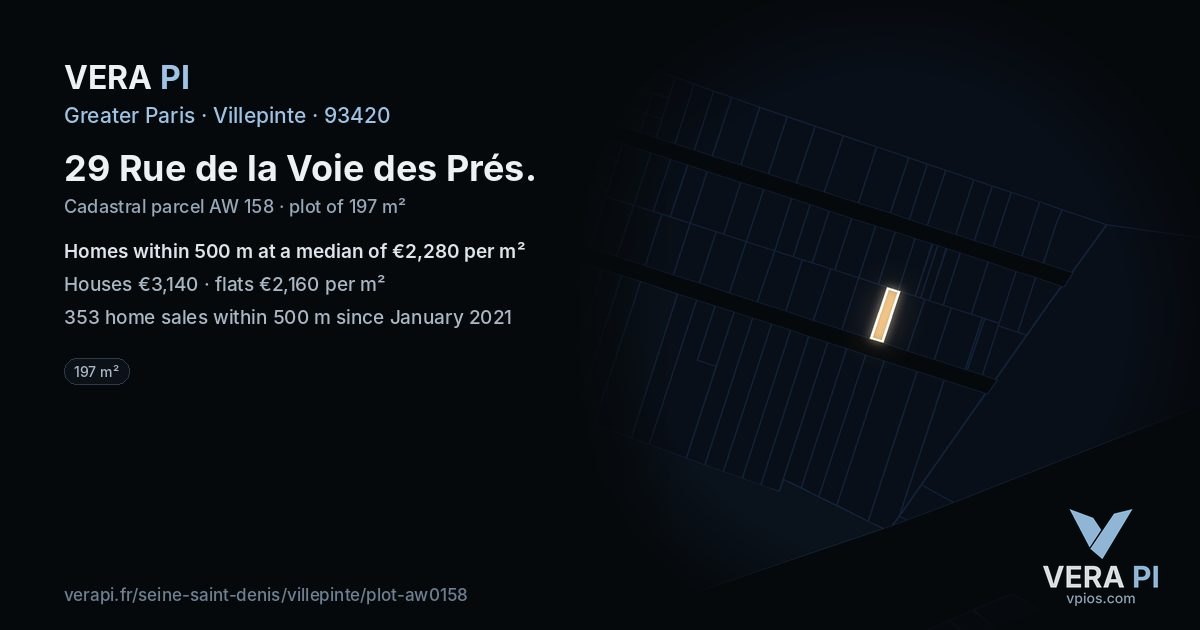 29 Rue de la Voie des Prés, Villepinte at night – the plot lit, the parcels around coloured by the prices near them