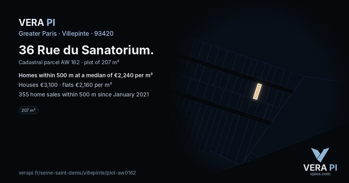 36 Rue du Sanatorium, Villepinte at night – the plot lit, the parcels around coloured by the prices near them