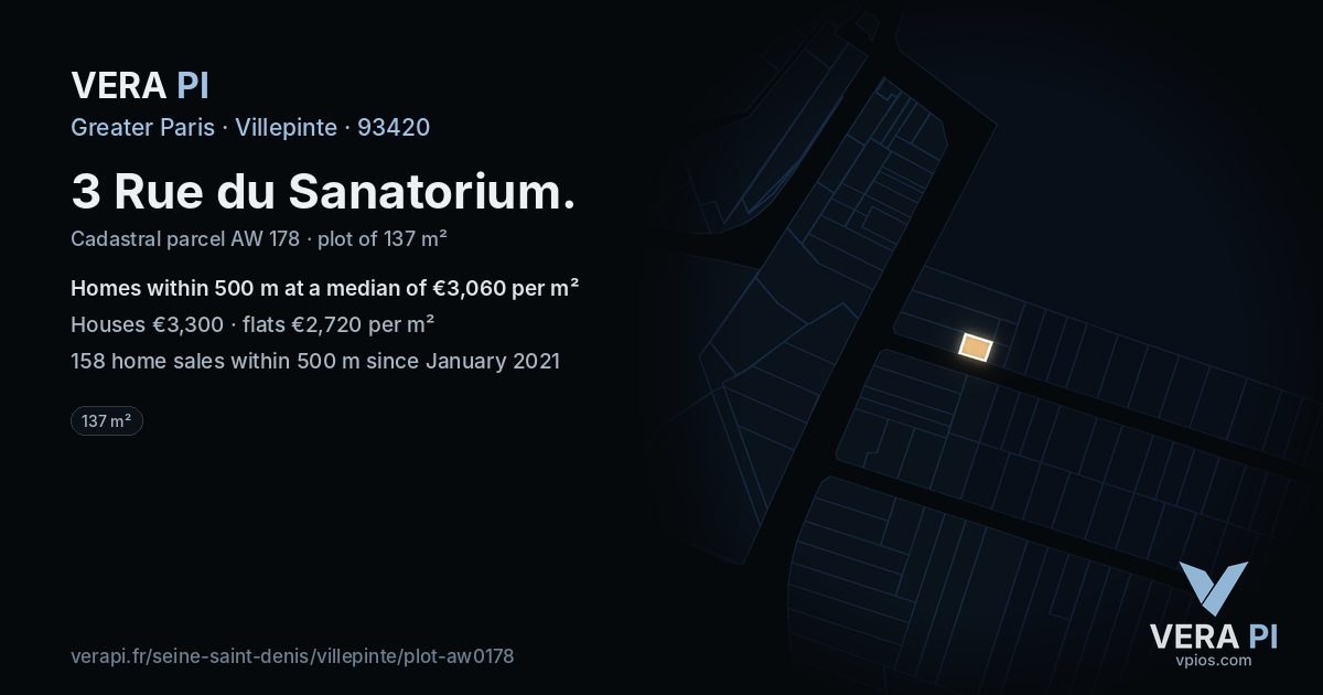 3 Rue du Sanatorium, Villepinte at night – the plot lit, the parcels around coloured by the prices near them