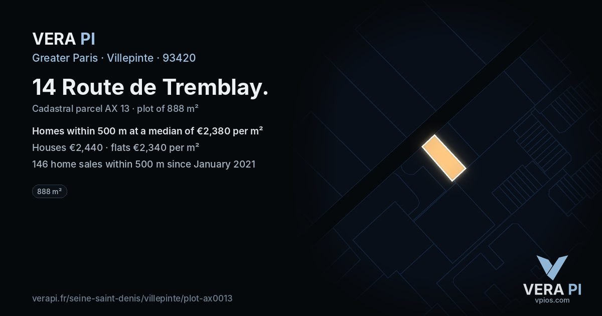 14 Route de Tremblay, Villepinte at night – the plot lit, the parcels around coloured by the prices near them