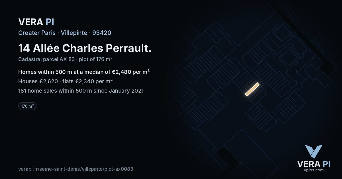14 Allée Charles Perrault, Villepinte at night – the plot lit, the parcels around coloured by the prices near them