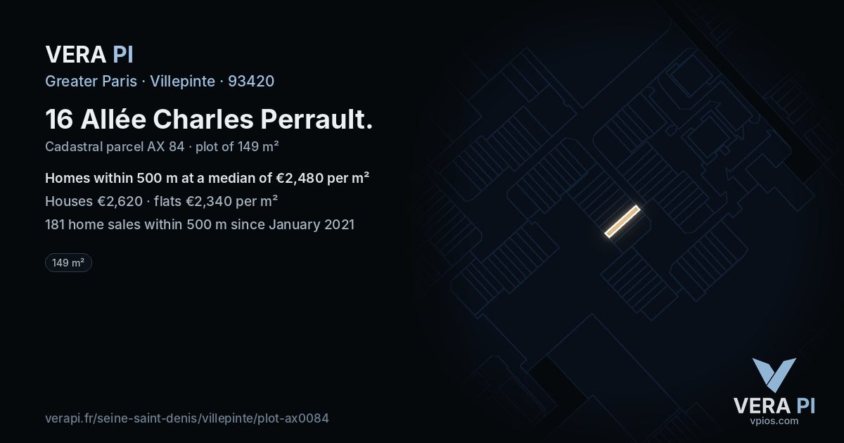 16 Allée Charles Perrault, Villepinte at night – the plot lit, the parcels around coloured by the prices near them