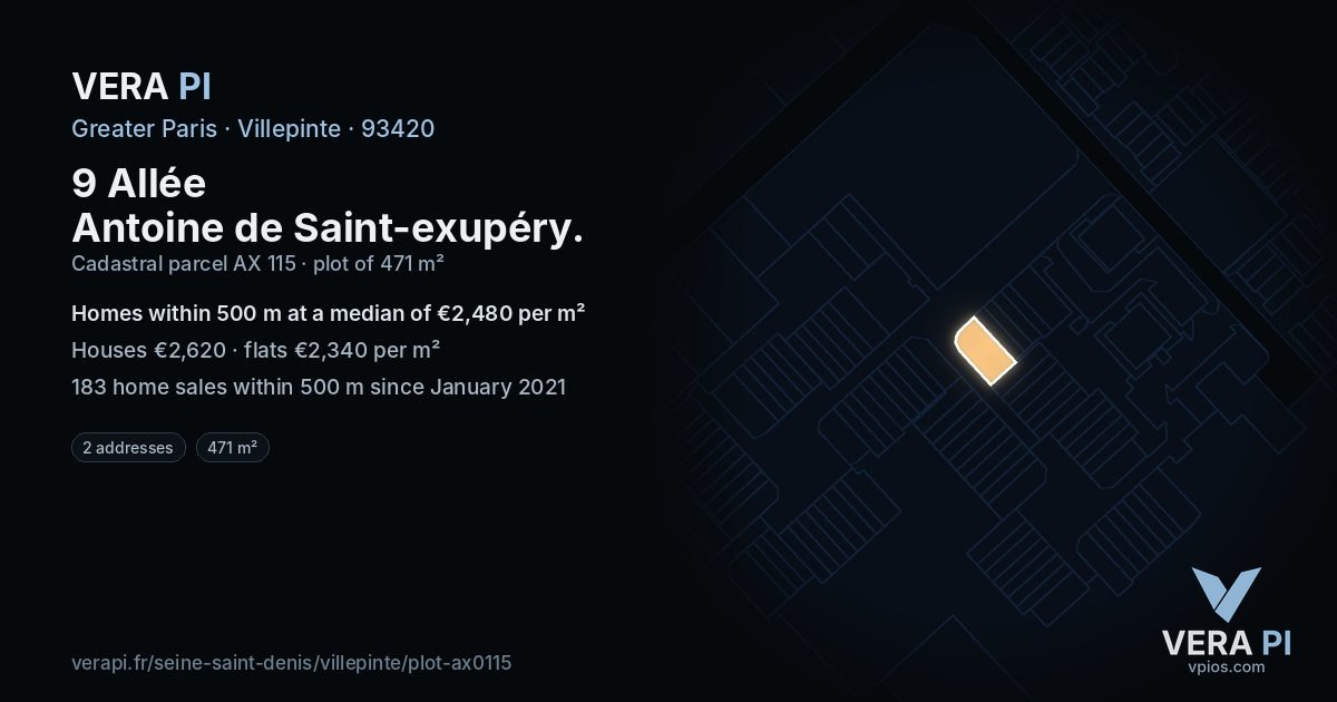 9 Allée Antoine de Saint-exupéry, Villepinte at night – the plot lit, the parcels around coloured by the prices near them