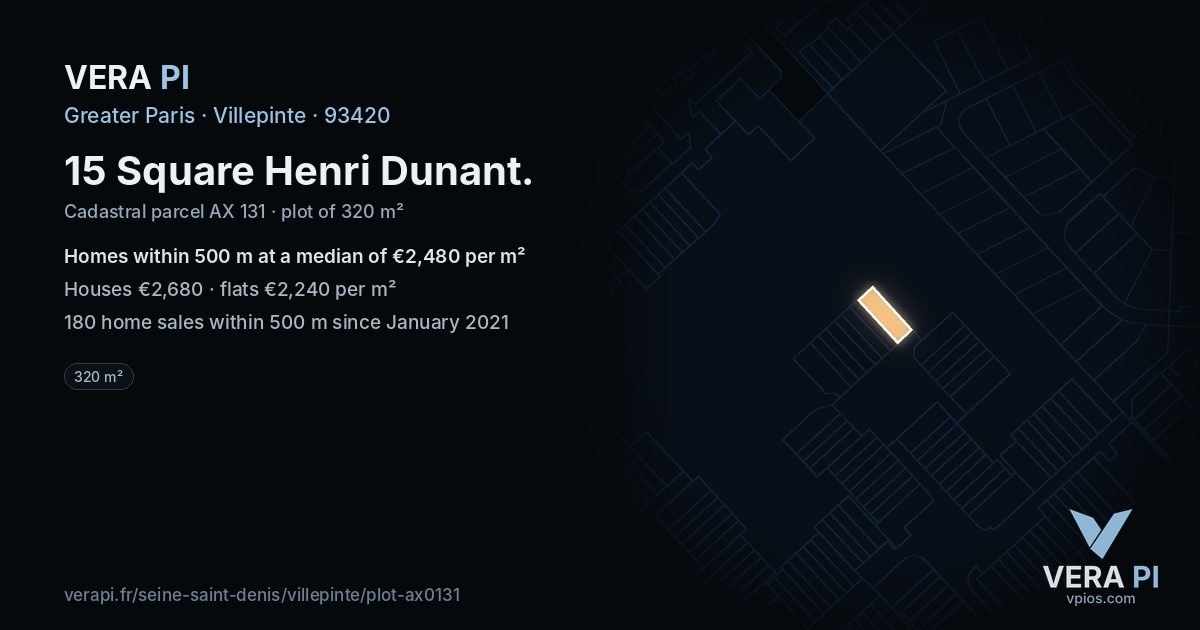 15 Square Henri Dunant, Villepinte at night – the plot lit, the parcels around coloured by the prices near them