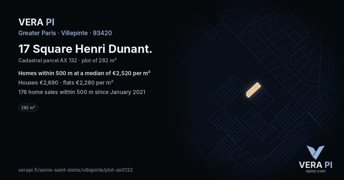 17 Square Henri Dunant, Villepinte at night – the plot lit, the parcels around coloured by the prices near them