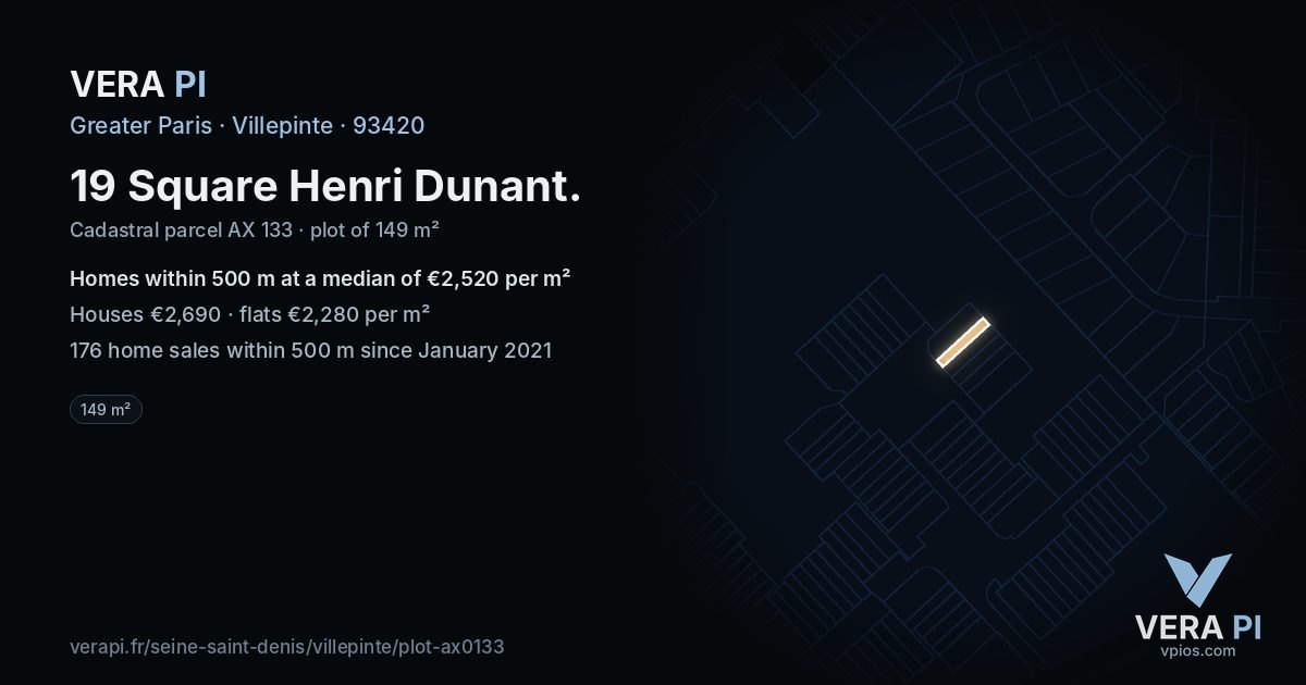 19 Square Henri Dunant, Villepinte at night – the plot lit, the parcels around coloured by the prices near them