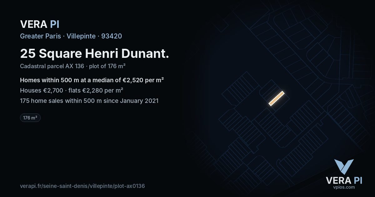 25 Square Henri Dunant, Villepinte at night – the plot lit, the parcels around coloured by the prices near them