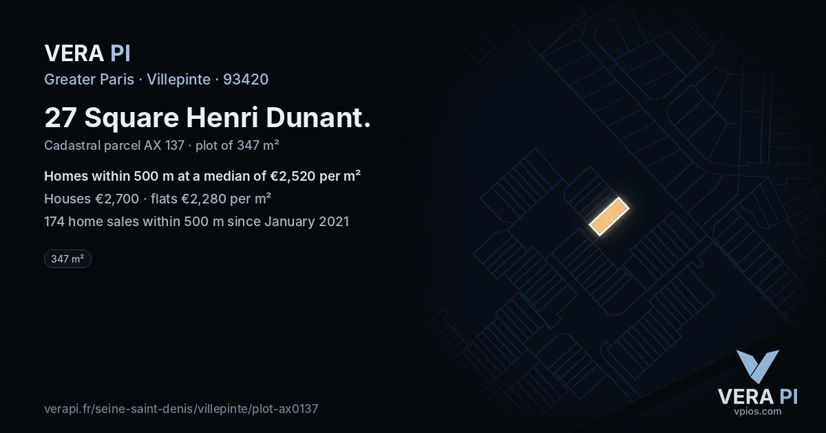 27 Square Henri Dunant, Villepinte at night – the plot lit, the parcels around coloured by the prices near them