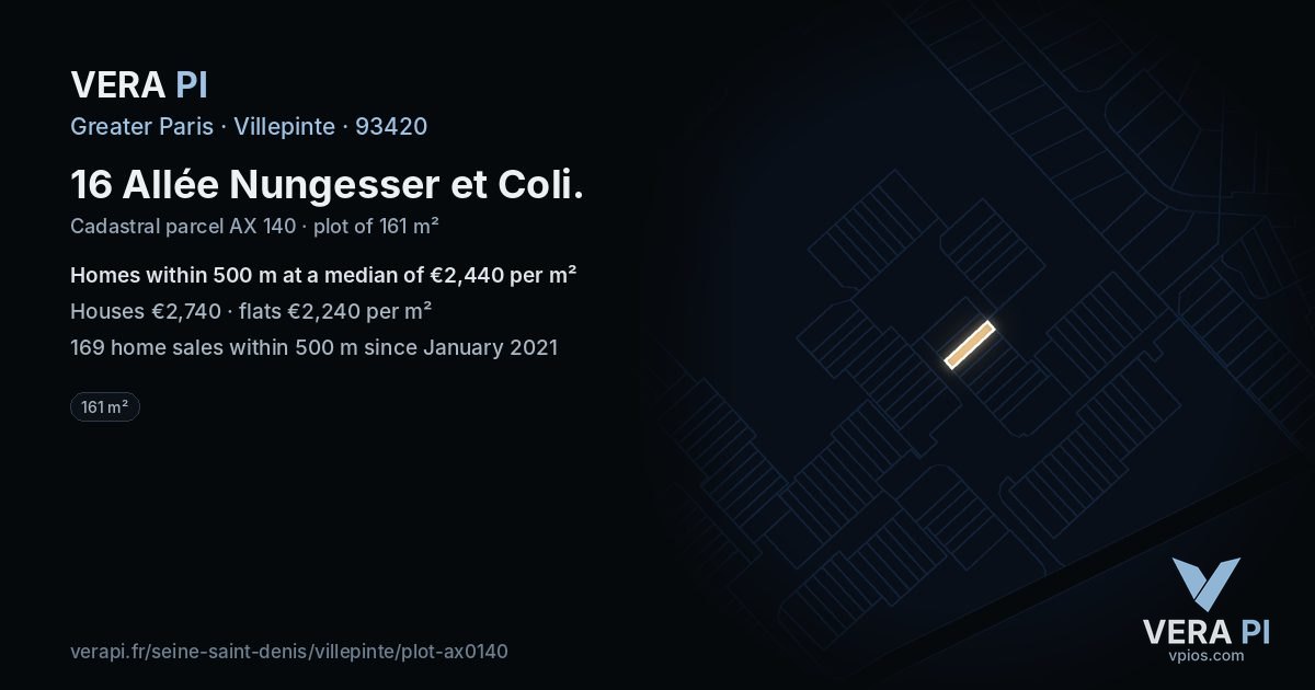 16 Allée Nungesser et Coli, Villepinte at night – the plot lit, the parcels around coloured by the prices near them