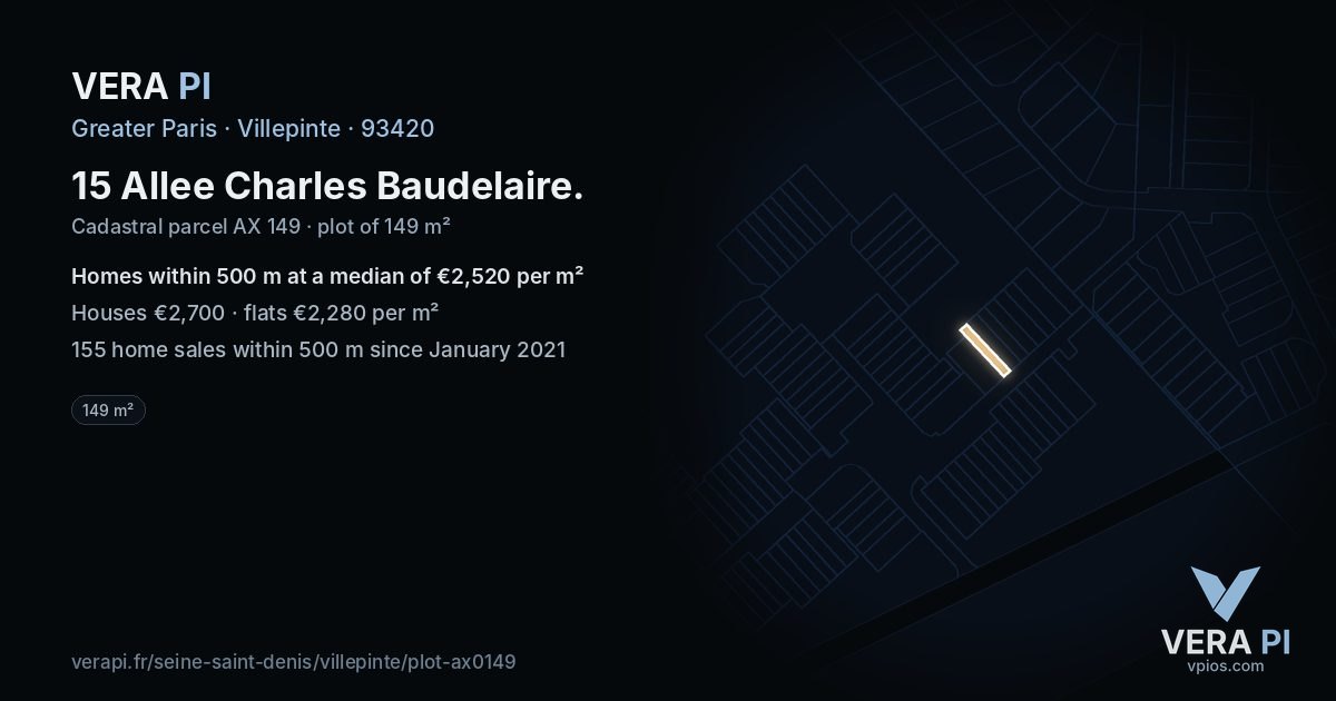 15 Allee Charles Baudelaire, Villepinte at night – the plot lit, the parcels around coloured by the prices near them