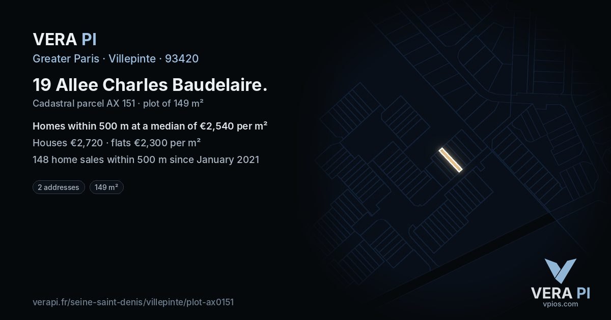 19 Allee Charles Baudelaire, Villepinte at night – the plot lit, the parcels around coloured by the prices near them
